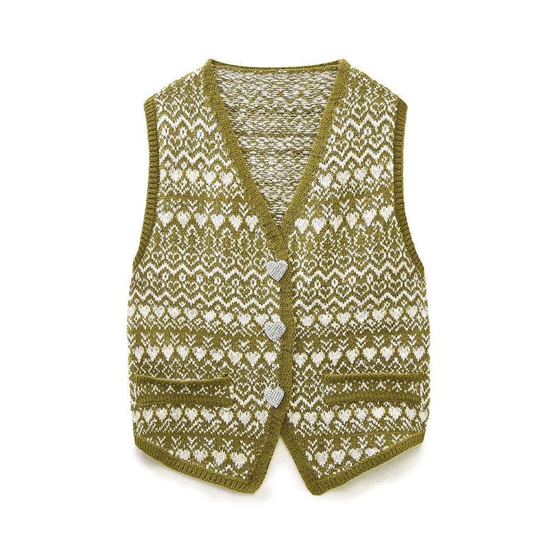 Women Vest Vintage Contrast Color Knitted Cardigan