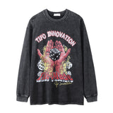 Men Long Sleeve T-Shirt Dice Flame Printing Loose Distressed