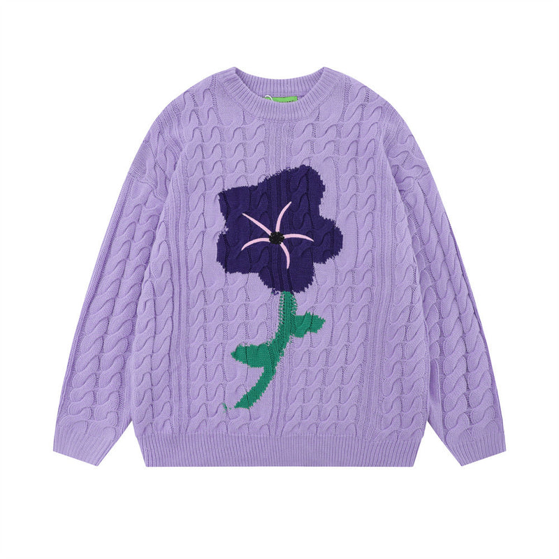 Men Sweater Flower Jacquard round Neck Knitted Sweater