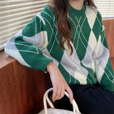 Women Pullover Sweater Soft Glutinous Rhombus Loose Pullover