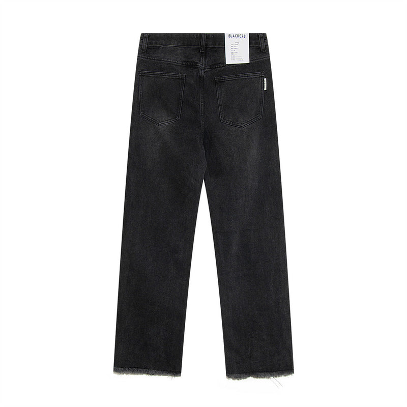 Men Jeans Distressed Zipper Split Casual Loose Raw Hem