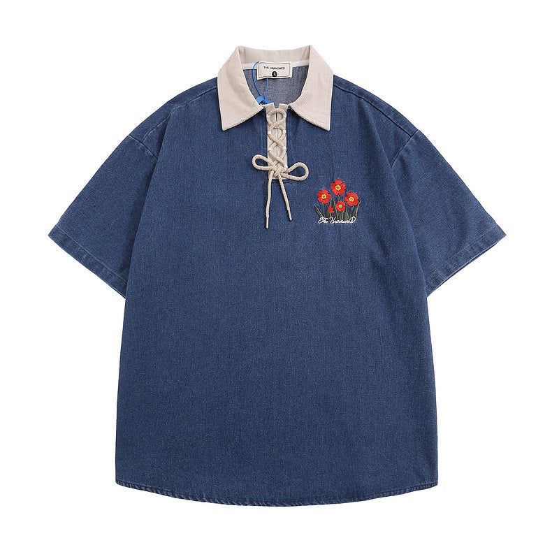 Men T-Shirt Lapel Polo Shirt Retro College Style Loose