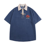 Men T-Shirt Lapel Polo Shirt Retro College Style Loose
