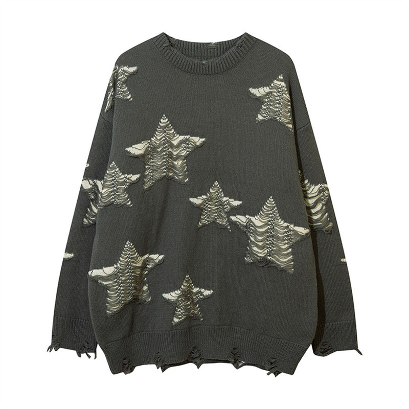 Men Sweater Five-Pointed Star Ripped Crochet Sweater