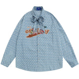 Men Long Sleeved T Shirt Cartoon Letter Embroidered Neckline Long Sleeve Shirt Trendy Loose Striped Shirt