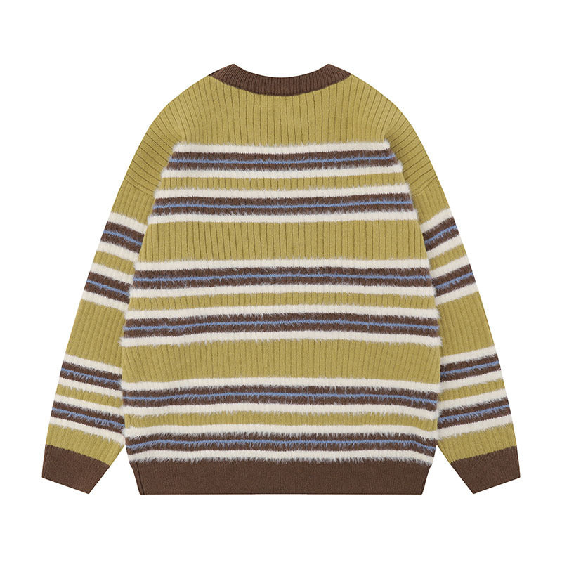Women Sweater Vintage Contrast Striped Knitted Lazy Sweater