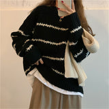 Women Pullover Sweater Vintage Stripe Loose Knit Shirt