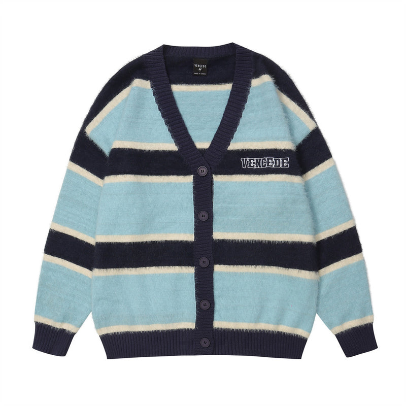 Men Sweater plus Velvet Contrast Color Striped V-neck Cardigan Sweater