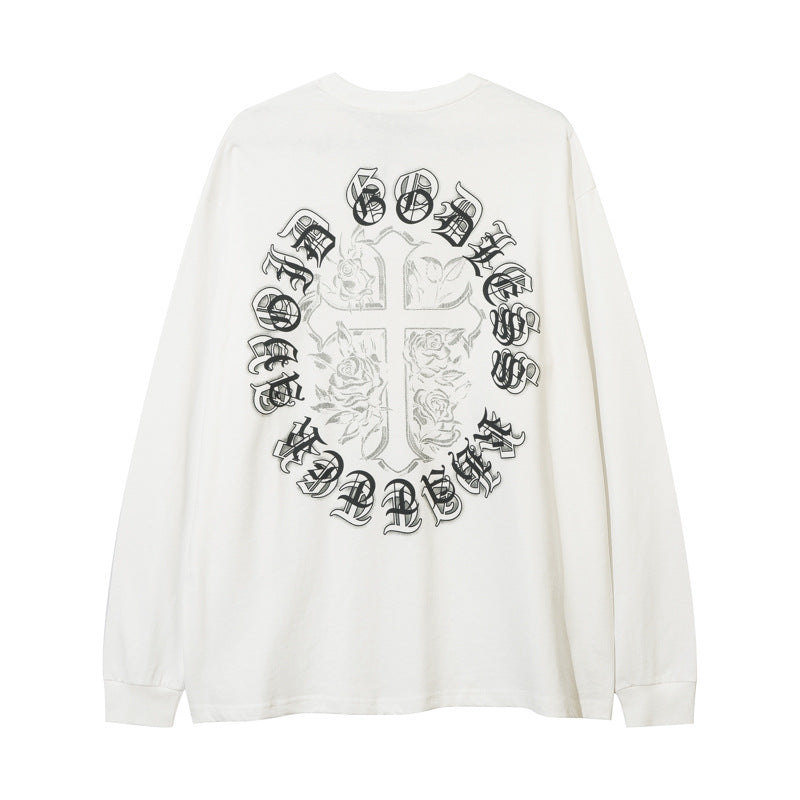 Men Long Sleeve T-Shirt Cross Letter Print Necklace Decoration