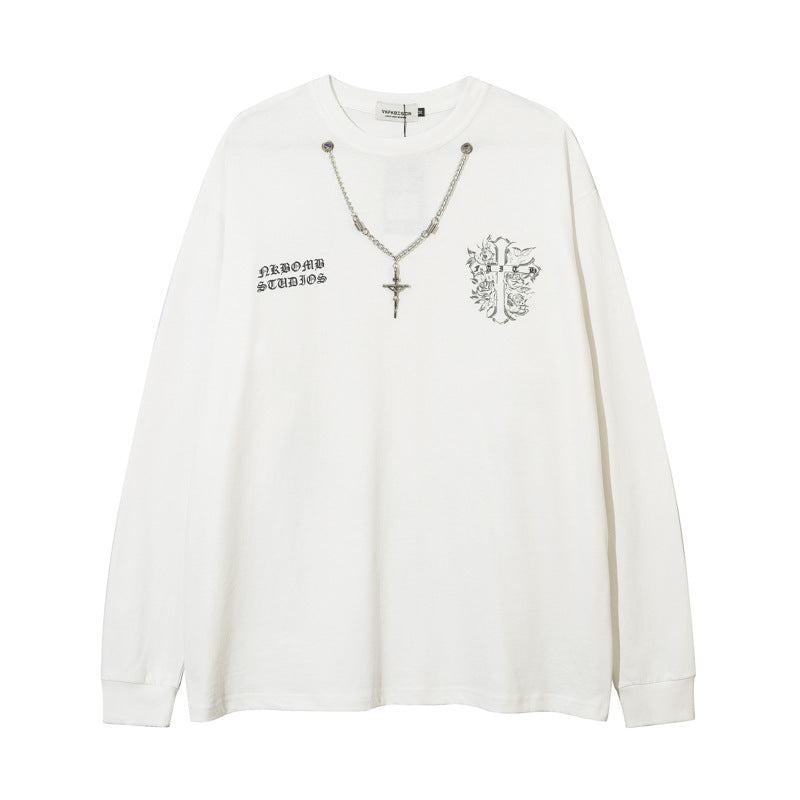 Men Long Sleeve T-Shirt Cross Letter Print Necklace Decoration