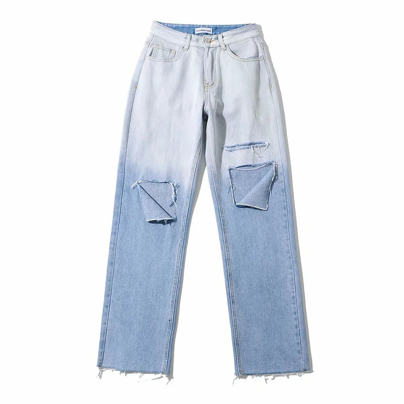 Women Jeans Hole Gradient Color Loose Drooping