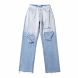 Women Jeans Hole Gradient Color Loose Drooping