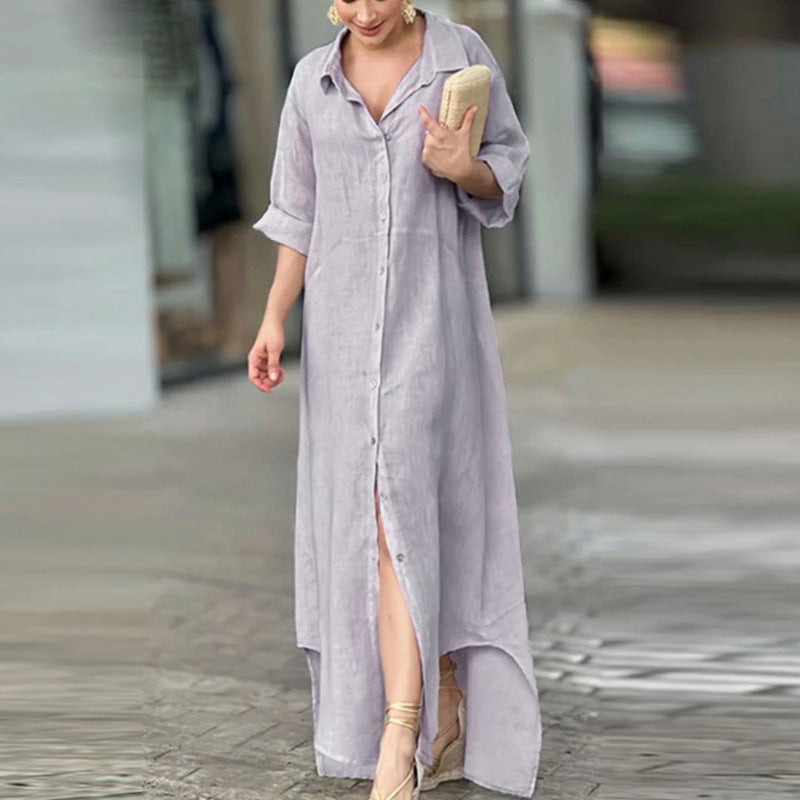 Women Dress Loose Lapels Cotton Linen Dress
