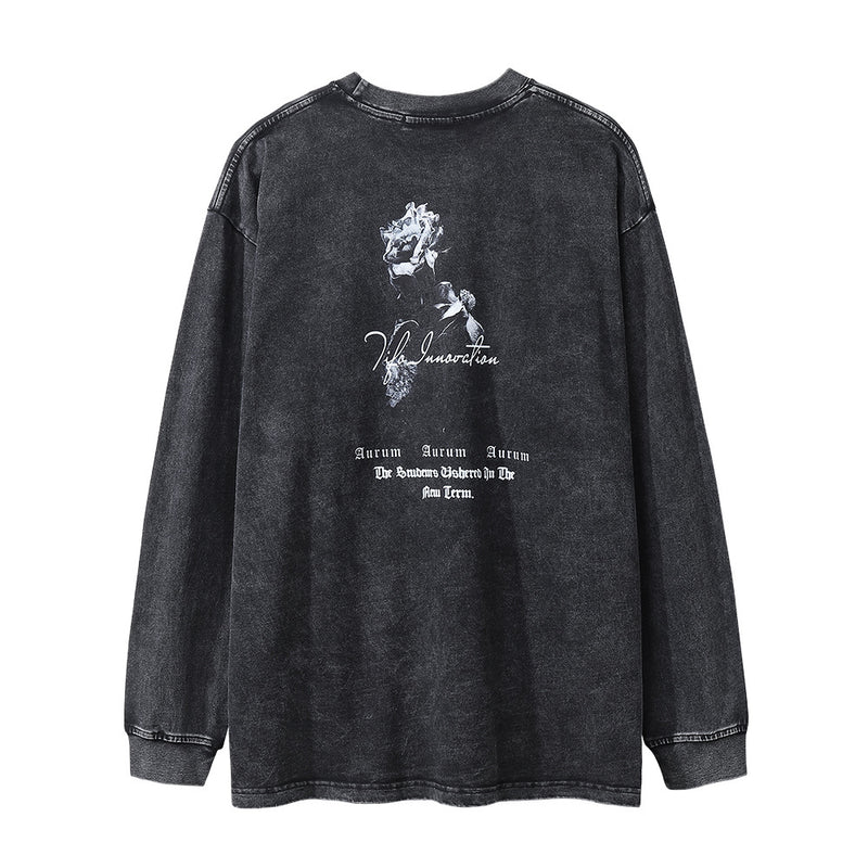 Men Long Sleeve T-Shirt Rose Flower Print Distressed Loose