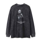 Men Long Sleeve T-Shirt Rose Flower Print Distressed Loose