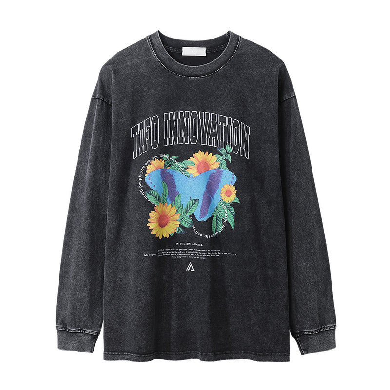 Men Long Sleeve T-Shirt Chrysanthemum Pattern Distressed Butterfly