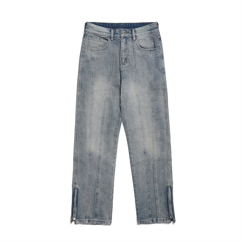 Men Jeans White Distressed Stitching Zipper Slit