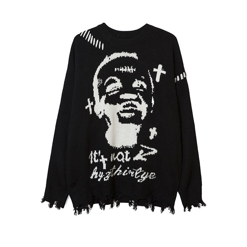 Women Sweater Portrait Knitted Sweater Loose Hole Sweater