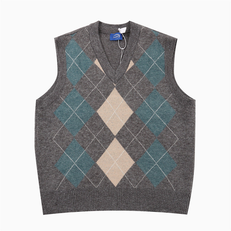 Men Sweater Rhombus Plaid Sweater Casual Sleeveless Knitwear