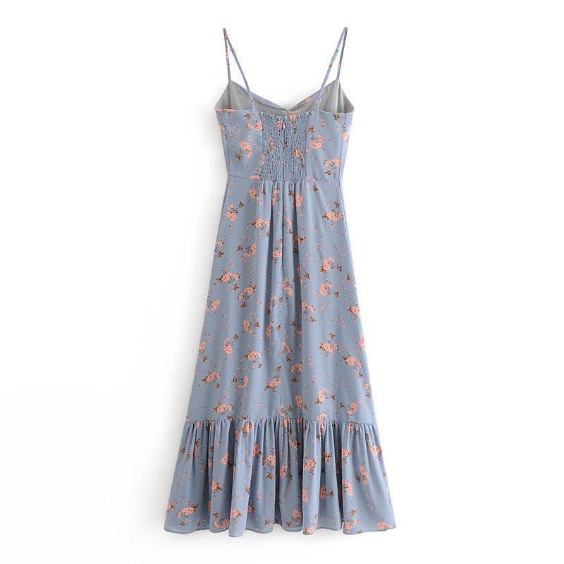 Women Dresses Pastoral Style Floral Tight Waist Slimming Dress