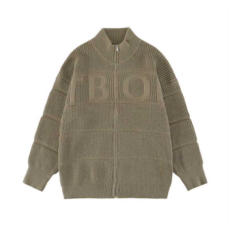 Men Sweater Striped Jacquard Cardigan Stand Collar Sweater