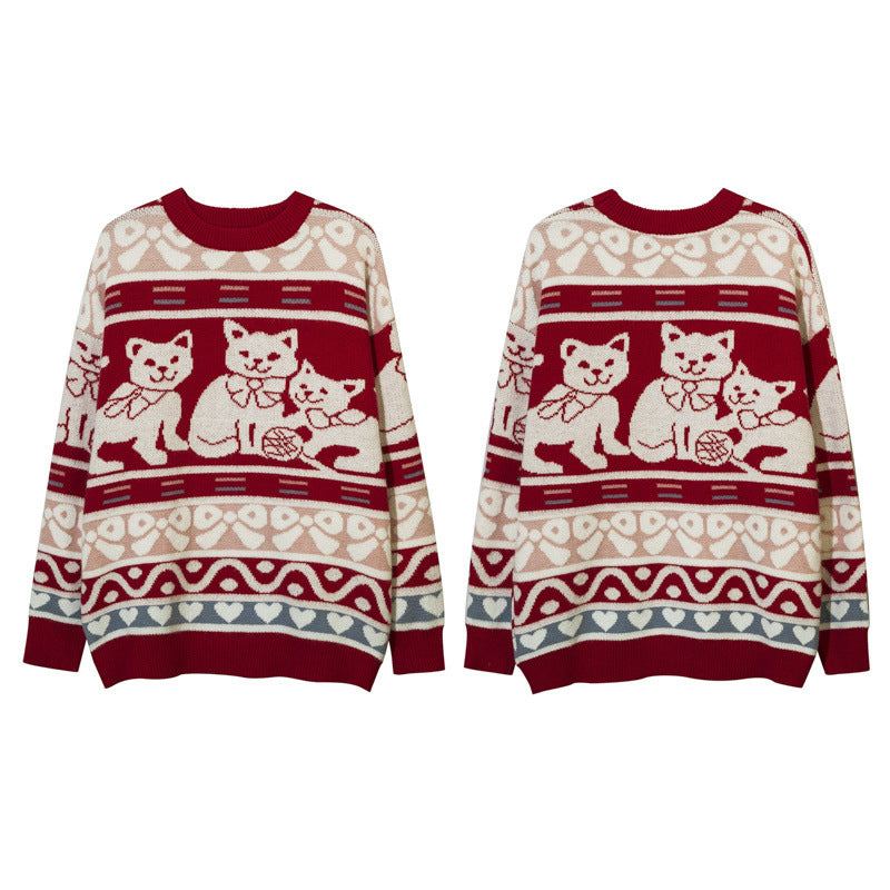 Women Sweater Cat Pattern Crew Neck Sweater Vintage Sweater