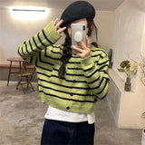 Women Knitted Cardigan Striped Retro Sweater