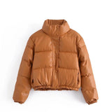 Women Cotton Coat Solid Color Simple Imitation Leather Cotton Jacket