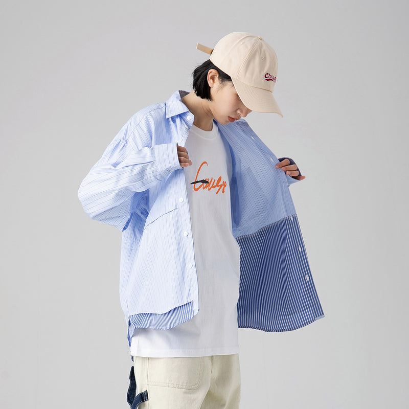 Unisex Shirt Patchwork Stripes Loose Casual