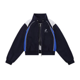 Women Jackets Color Stitching Stand-Collar Zipper Vintage
