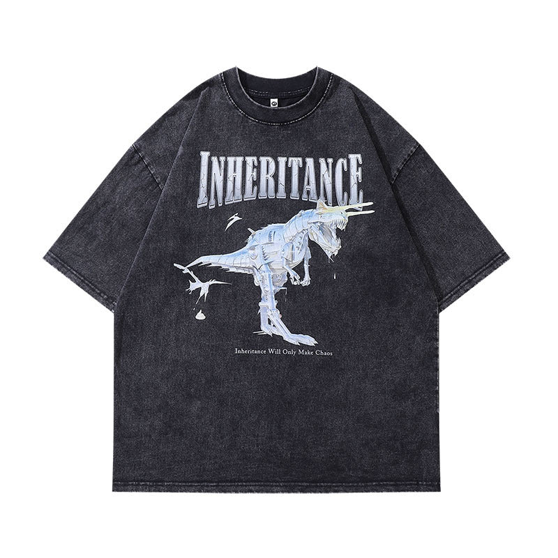 Men T-Shirt Dinosaur Print Heavy Distressed Retro