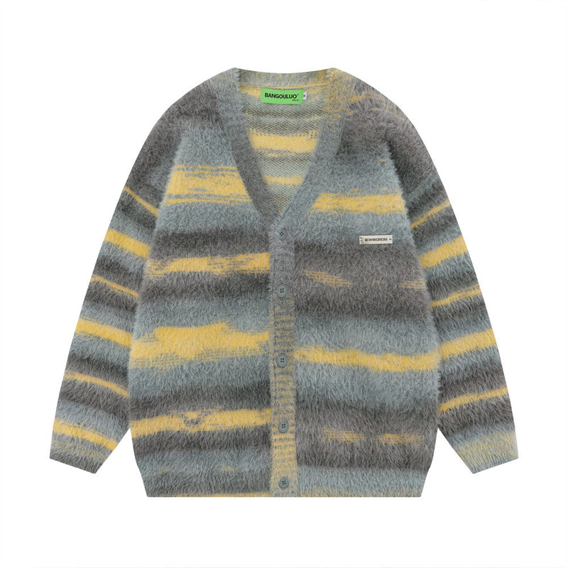 Men Sweater Striped with Fleece Lining Thick Knit Cardigan Loose V-neck Sweater