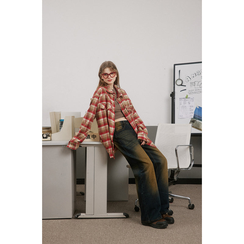 Unisex Shirt Retro Loose Long Flannel