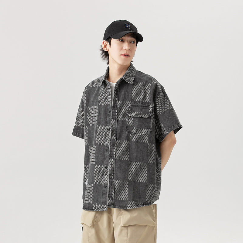 Unisex Shirt Vintage Plaid Denim Shirt Loose Casual