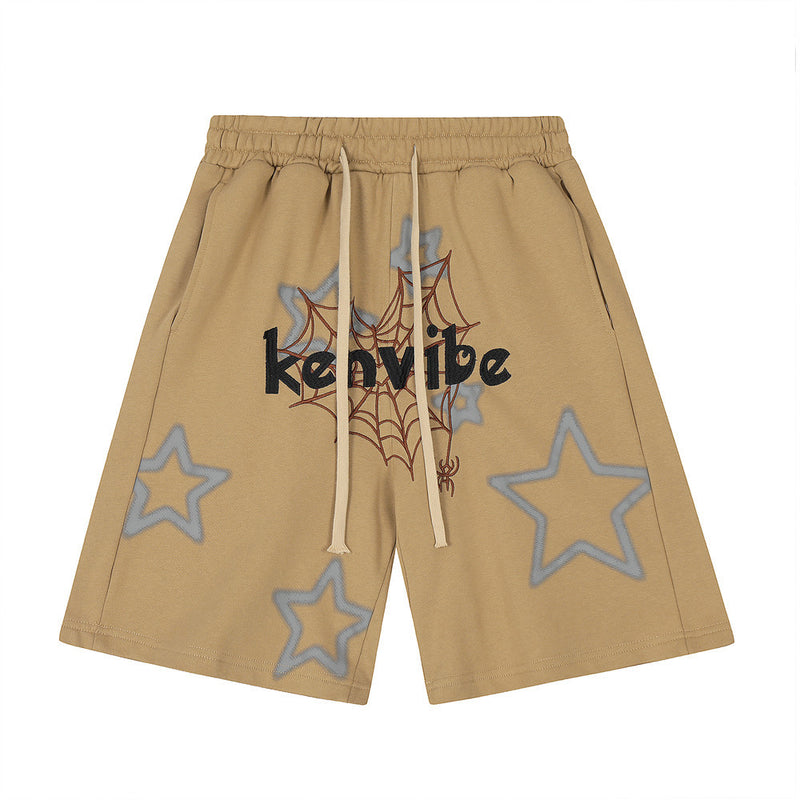 Men Shorts Personality Sports Five-Pointed Star Spider Web Embroidered Shorts