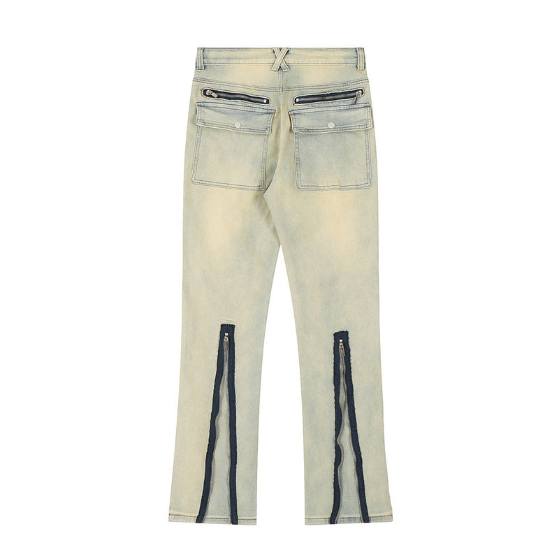 Men Jeans Zipper Stitching Pocket Mud Color