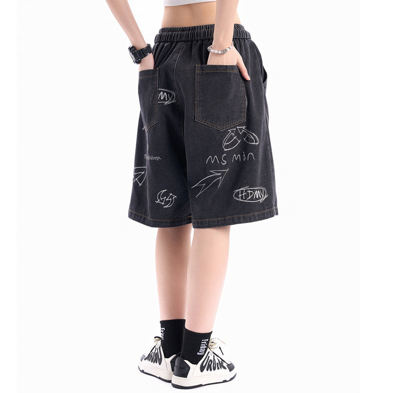 Men Shorts Crow Embroidered Denim Shorts Summer Casual Elastic Waist