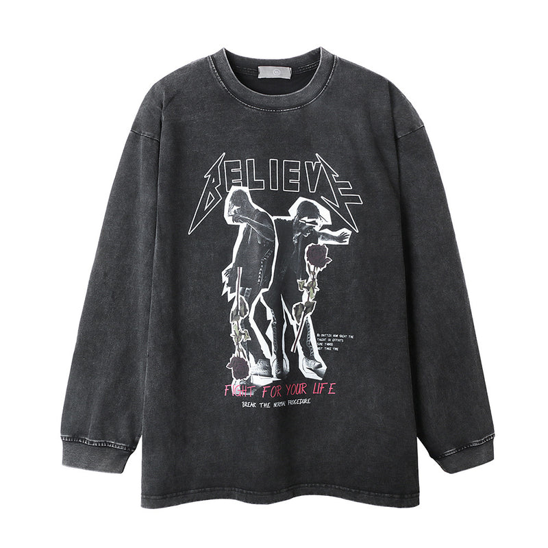 Men Long Sleeve T-Shirt Character Rose Printed Distressed Shake Bottoming Shirt