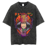 Anime Chainsaw Men Washed Tshirt Retro Hip Hop Streetwear