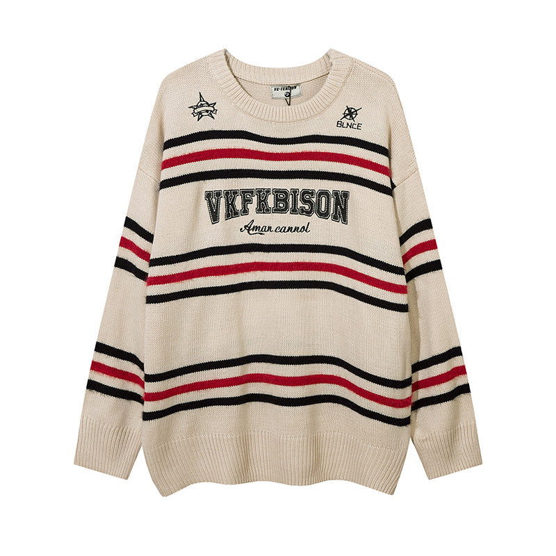 Men Sweater Striped Embroidered Crew Neck Sweater