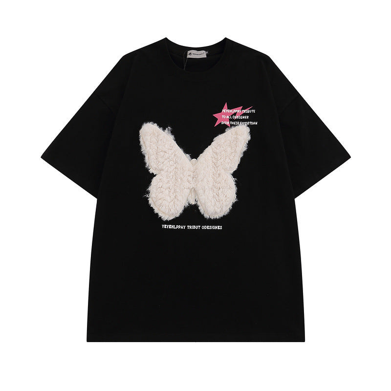 Men T-Shirt Plush Butterfly Patch All-Match