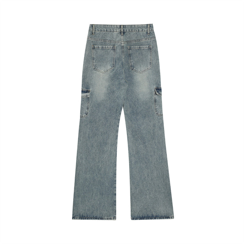 Men Jeans Personality Design Workwear with Pocket Bell-Bottom Pants