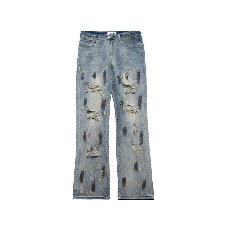 Men Jeans Splash Ink Hole Punk Loose Distressed