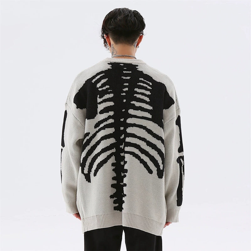 Men Sweater Skull Skeleton Jacquard Knitted Sweater Loose