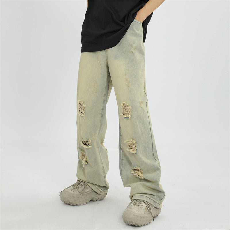 Men Jeans Retro Tattered Jeans Wash Loose