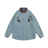 Men Long Sleeved T Shirt Embroidered Long Sleeve Shirt Men's Spring and Autumn Vertical Stripes Contrast Color Shirt Coat Vintage