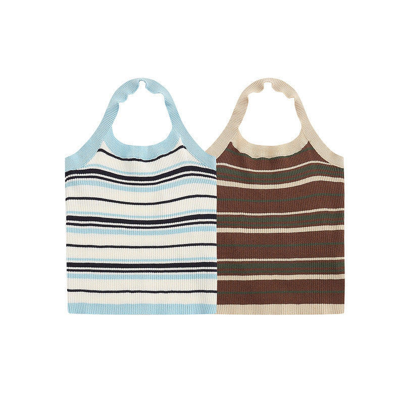 Men T-Shirt Slim Striped Knitted Sexy Suspenders