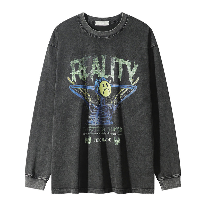 Men Long Sleeve T-Shirt Sad Washed Old Casual Loose