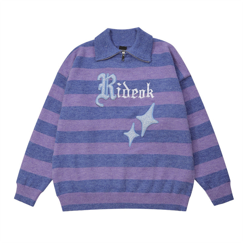 Men Sweater Striped Lapel Loose Casual Embroidered Sweater