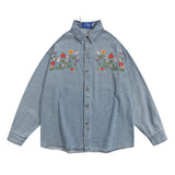 Men Long Sleeved T Shirt Denim Long Sleeve Shirt Men Spring and Autumn Floral Embroidery Washed Faded Baggy Coat